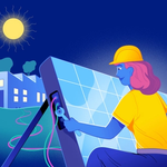 Colourful illustration of someone looking at the electric panel on a solar panel in front of a house